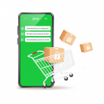 Illustration: Smartphone mit Warenkorb und Paketen