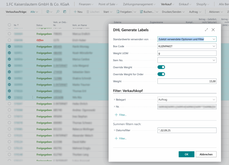Screenshot: DHL-Etiketten-Dialog