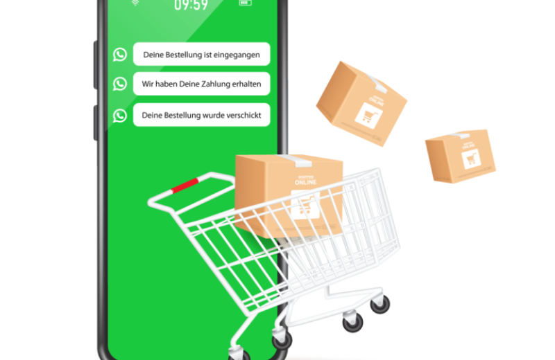 Illustration: Smartphone mit Warenkorb und Paketen